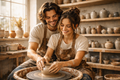 Two people in a pottery studio, working with clay on a wheel.