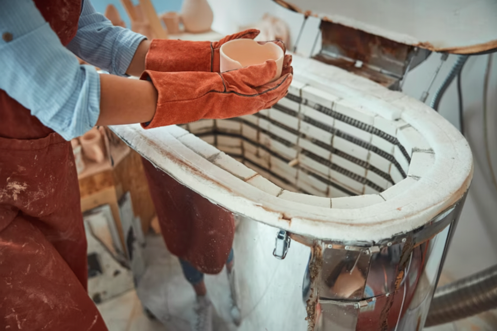 Person wearing gloves holding a ceramic cup near a clay oven kiln