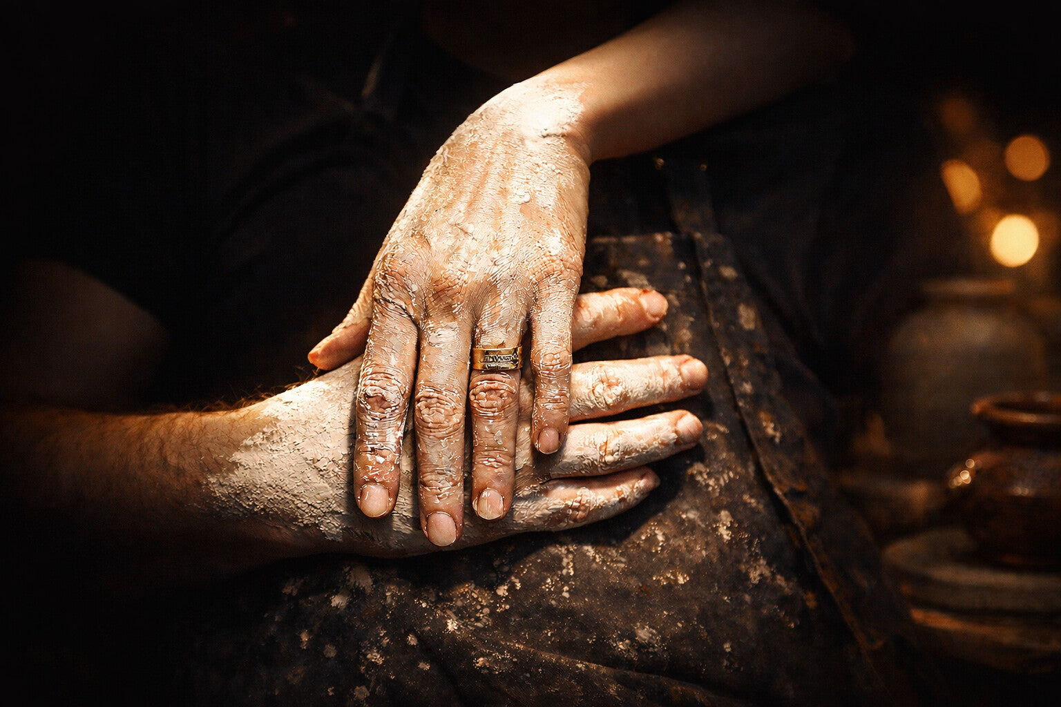 Two hands covered in clay, one on top of the other, against a dark background.